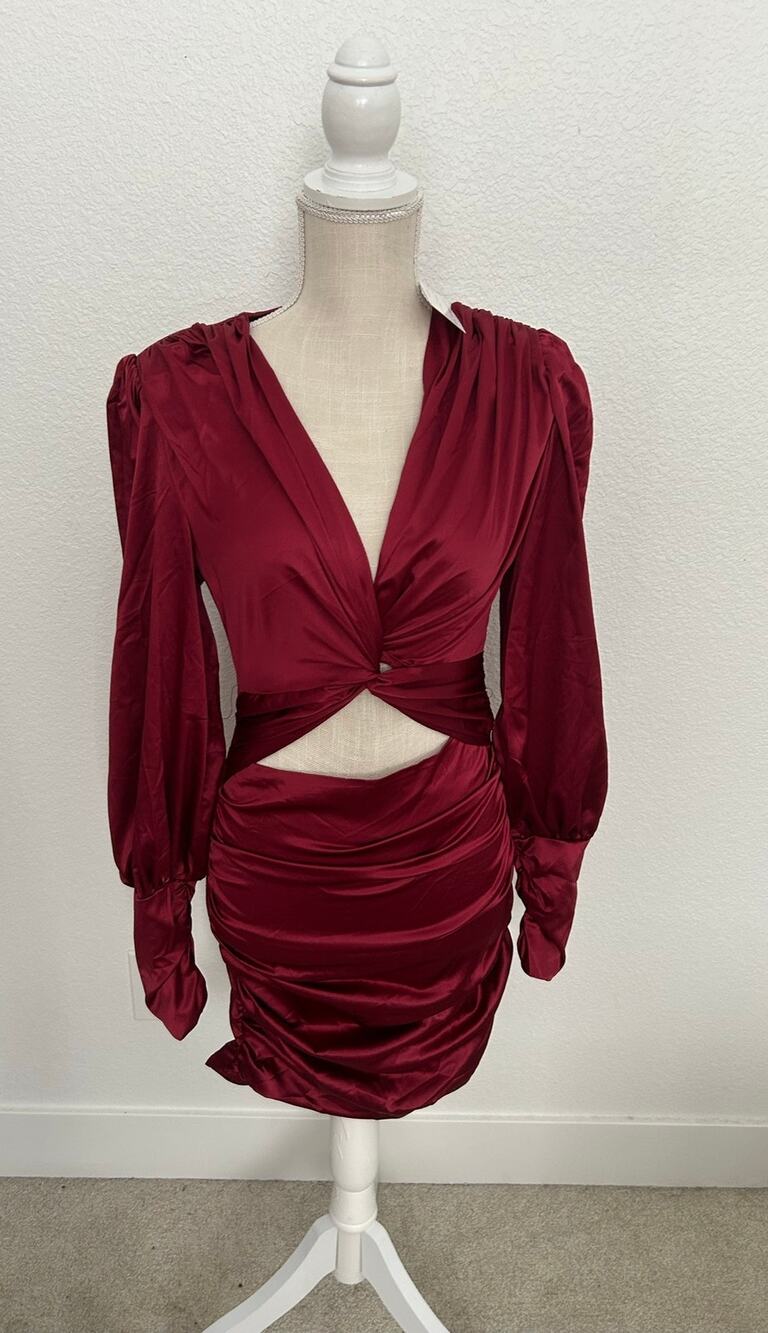 Glamaker Merlot Satin Mini Cutout Dress -S